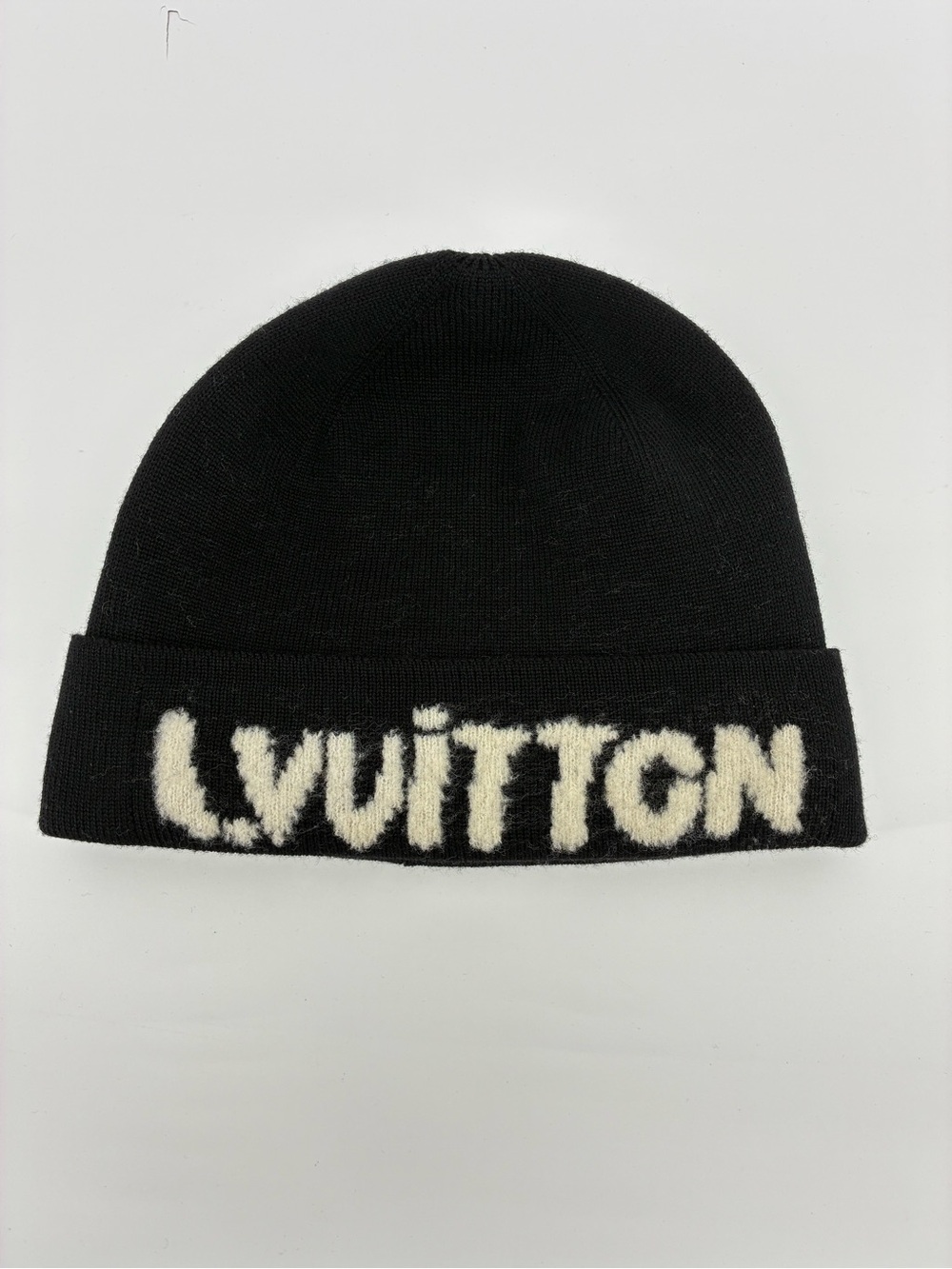 Louis Vuitton Monogram Wool Black & Cream Logo Cuffed Beanie Hat Made in Italy